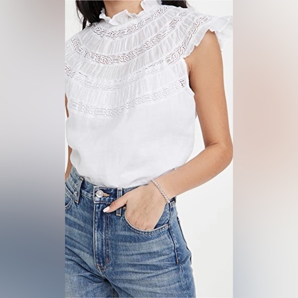 FRAME Lace Insert Short Sleeve Top in Blanc - Picture 1 of 7